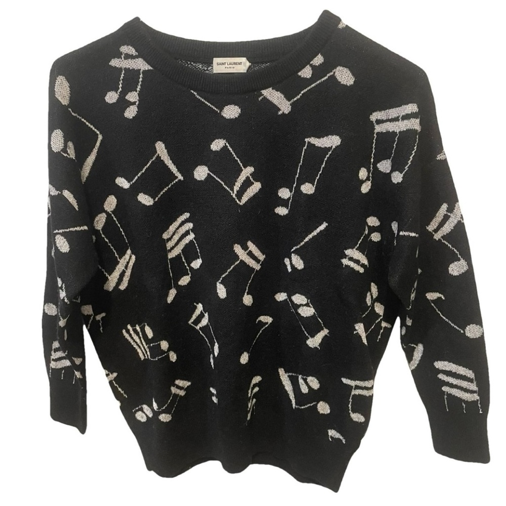 Saint Laurent Black Crew Neck Sweater with Musical Note Pattern